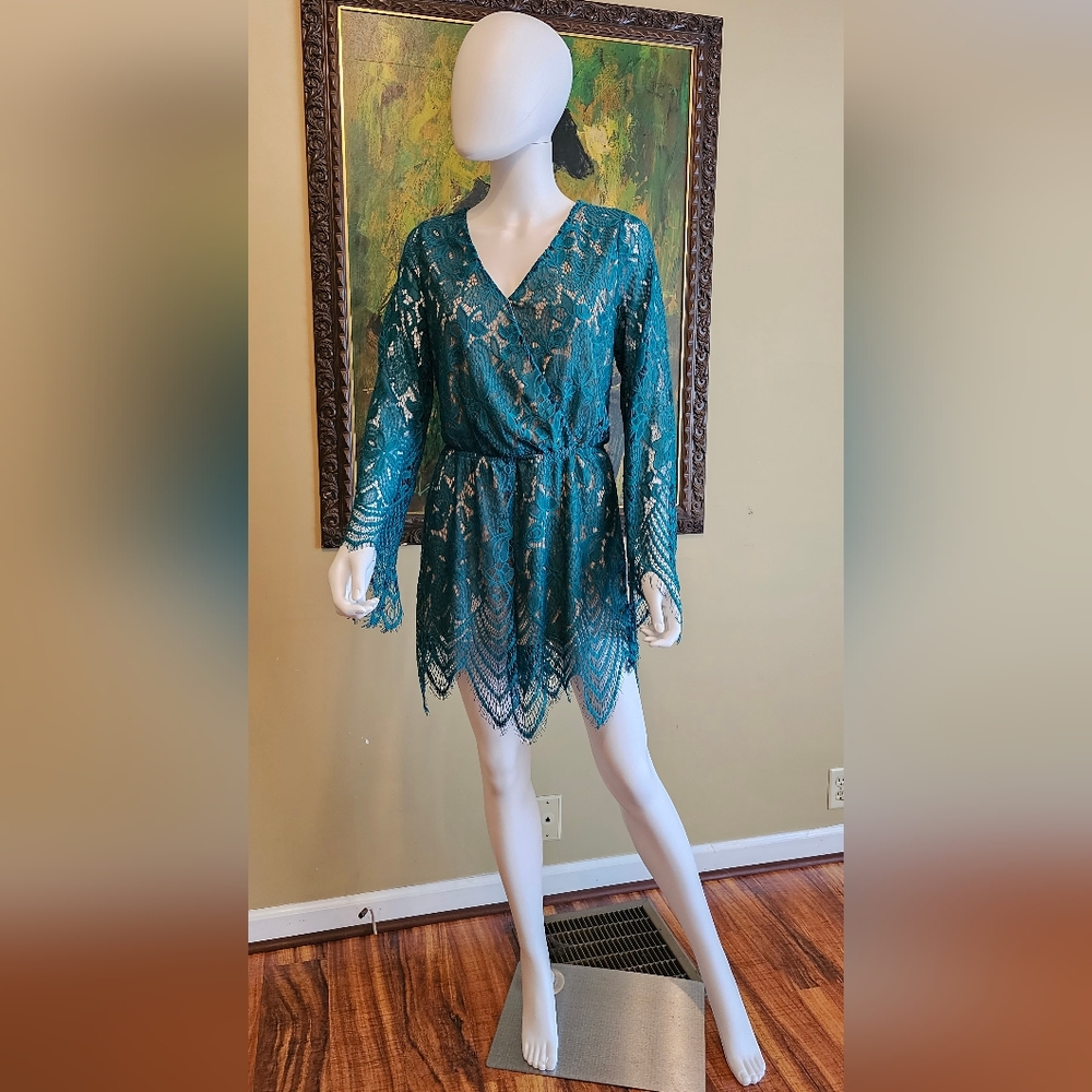 Teal Long-sleeved Lace Dress
